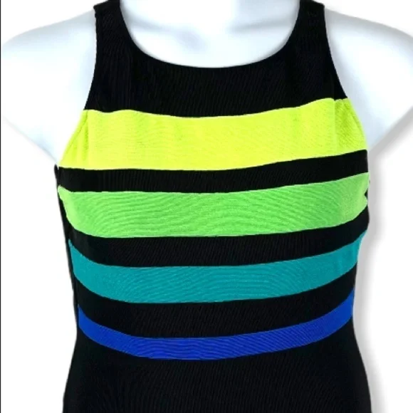 Color Block Stripe Textured One Piece High Neck Keyhole Back Swimsuit - Vintage - Picture 6 of 13